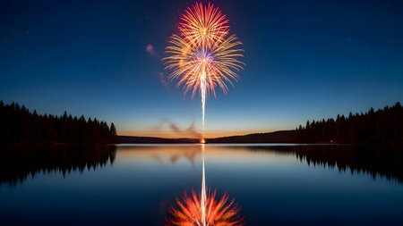 Vibrant fireworks illuminate the night sky above a tranquil forest lake, their dazzling reflections shimmering on the calm water surface.の素材