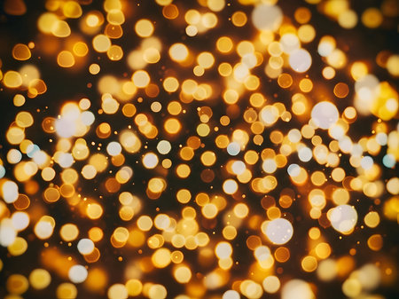Shimmering golden bokeh light texture creating an ethereal backdrop for festive celebrations, luxury designs, elegant overlays, and warm abstract concepts.の素材