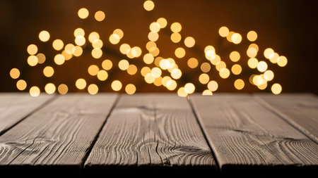 Rustic wooden table surface with warm glowing golden bokeh lights in the background, creating a cozy festive atmosphere for holidays and eventsの素材