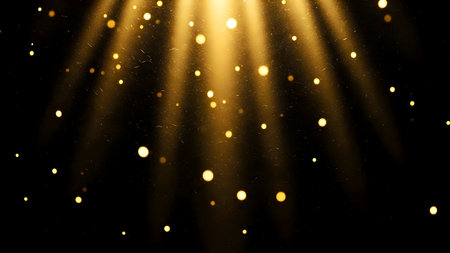 Golden light beams illuminating sparkling dust particles and warm bokeh on an abstract background, creating a magical festive celebratory ambianceの素材