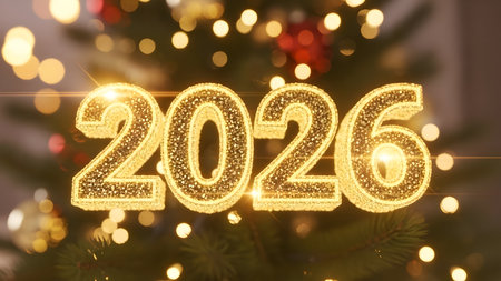 Golden glitter numbers 2026 glowing brightly on a festive blurred christmas tree background with warm bokeh lights, perfect for new year and future concepts.の素材