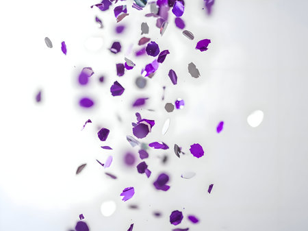 Falling vibrant purple and shimmering silver confetti creating a festive atmosphere for celebrations, parties, and joyous events with dynamic motionの素材