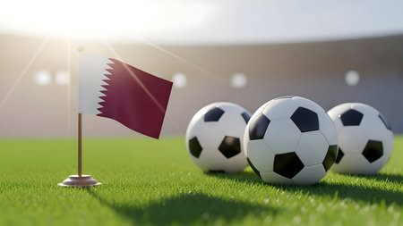 Qatar flag stands tall on a soccer field with multiple footballs ready for a match, under bright stadium lights, symbolizing sport and national pride.の素材