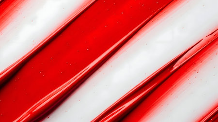 Glossy red and white paint strokes swirled diagonally across a clean, bright background, creating a vibrant, abstract texture with light reflections and tiny air bubbles, perfect for creative projects.の素材