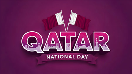 Qatar national day celebration graphic with national flags and iconic landmarks representing the country's heritage and progress on a vibrant purple background.の素材
