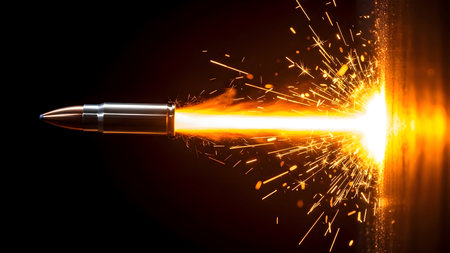 Close-up side profile of a bullet in motion, emitting intense orange flame, smoke, and sparks upon impact against a dark backdrop.の素材