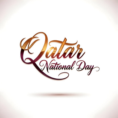 Elegant calligraphy art for qatar national day celebration with golden and burgundy text on a clean white background, representing national pride and festivity.の素材