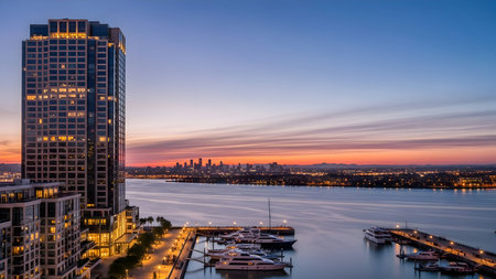 Twilight view of a modern skyscraper and luxury yachts docked at a marina, with a distant city skyline illuminated against a colorful sunset sky.の素材
