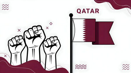 Raised fists symbolizing protest and national pride alongside the flag of qatar, celebrating unity and independence. political, social activism.の素材