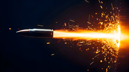 Bullet in motion, leaving a fiery trail of sparks and light as it travels at high speed through darkness, symbolizing power, force, and speed.の素材