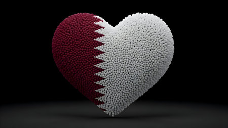 Heart shaped qatar flag made of tiny balls, love for country, national symbol, patriotism, digital art, close up, isolated, 3d renderの素材
