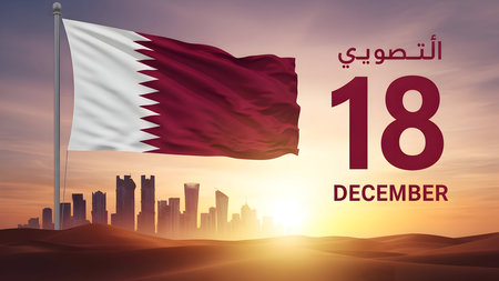Qatar national day celebration with flag waving over desert landscape and doha skyline at sunset, featuring 18 december prominently displayed.の素材