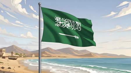 Saudi arabia flag waving proudly on a beach with traditional architecture and desert mountains in the background, under a cloudy skyの素材