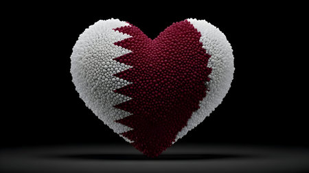 Close up heart shape formed by small beads in qatar flag colors burgundy and white, symbolizing love for nation, national pride, and patriotism, isolated on blackの素材