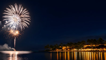 Bright fireworks explode in night sky over tropical beach resort with illuminated buildings and palm trees reflected in calm waterの素材