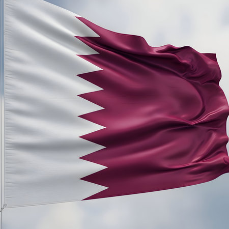 Waving flag of qatar, official national symbol of the state of qatar, fabric blowing in the wind, detailed texture, patriotic symbol, country emblem, representation, civil ensign, state flag, 133の素材