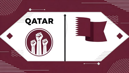 Qatar's national flag and raised fists symbolizing national pride and unity, presented in a graphic design with abstract elements and a prominent textの素材