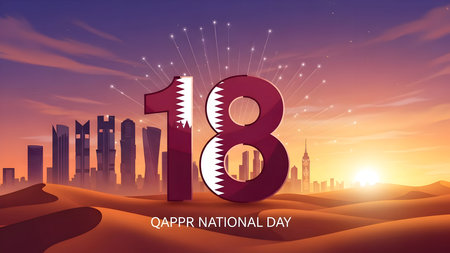 Qatar national day 18th anniversary celebration with cityscape, desert dunes, fireworks, and sunset sky. iconic architecture.の素材