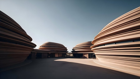 Unique modern architecture with layered, rounded facade and clear blue sky background, showcasing innovative design and contemporary building style in daylight.の素材