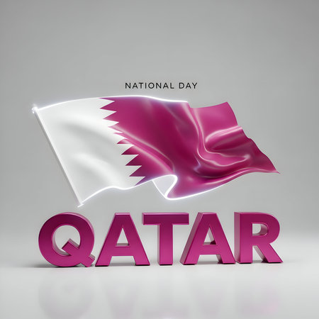National day celebration in qatar with waving flag and bold 3d text, symbolizing patriotism and national pride, isolated on a neutral background.の素材