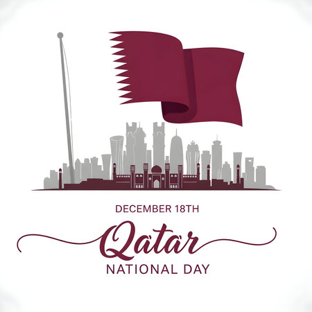 Qatar national day celebration december 18th, skyline of doha city with qatari flag waving on flagpole, historical and modern architecture, vector illustrationの素材