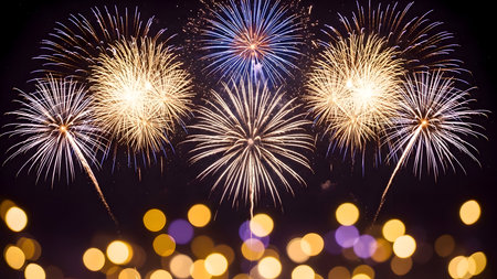 Vibrant golden and blue fireworks explode across a dark night sky, illuminating the darkness with dazzling light trails and a bokeh effect.の素材