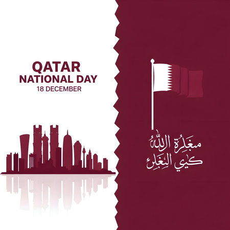 Qatar national day celebration with flag, skyline silhouette, and arabic calligraphy honoring national heritage and pride.の素材
