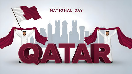 Qatar national day celebration with national flag and traditional thobes, abstract cityscape silhouette, and 3d word qatar in maroon. 133 characters.の素材
