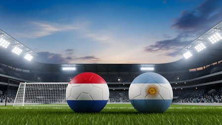 Argentina vs Netherlands football match in soccer stadium 3D renderingの素材