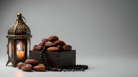 Traditional islamic lantern with glowing candle, sweet dates in wooden box, and prayer beads on neutral background, religious fastingの素材