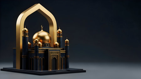 Elegant 3d render of islamic mosque architecture with golden domes and minarets under a grand arch, symbolizing spiritual devotion and faith.の素材