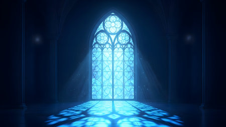 Majestic gothic cathedral stained glass window with radiant blue light rays streaming through, creating intricate patterns on the floorの素材