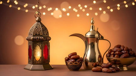 Elegant traditional arabian lantern, dates, and golden dallah coffee pot with warm festive bokeh lights, symbolizing islamic culture and ramadan celebration.の素材