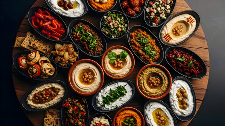 Overhead view of a wooden board filled with various colorful mediterranean and middle eastern mezze dishesの素材