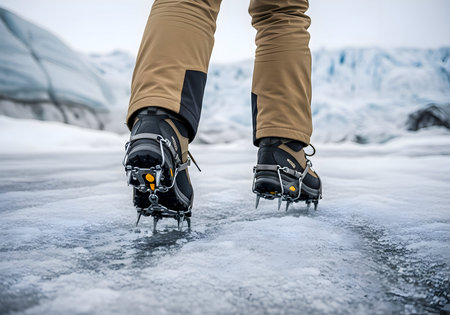 Person wearing ski boots with bindings standing on snow near a glacial landscapeの素材