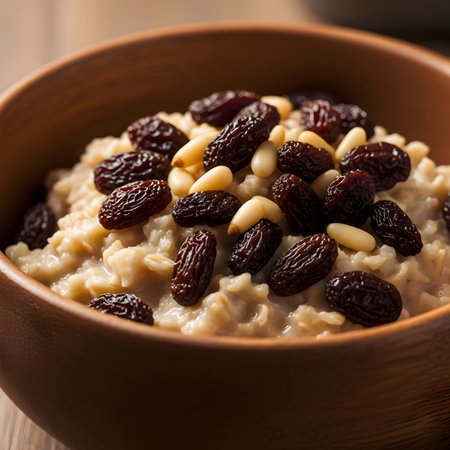 Close up of a rustic ceramic bowl filled with oatmeal raisins and pine nutsの素材