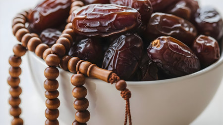 Close up of a string of prayer beads and a pile of delicious medjool dates in a bowlの素材