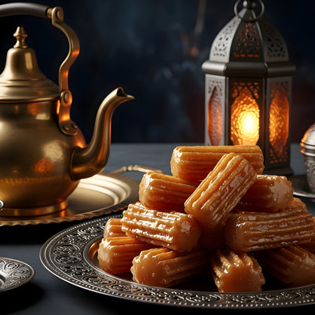 Golden arabic sweets and traditional tea set with glowing lanterns in a still lifeの素材
