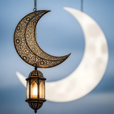 Ornate golden crescent moon and lantern casting a soft glow against a pale skyの素材