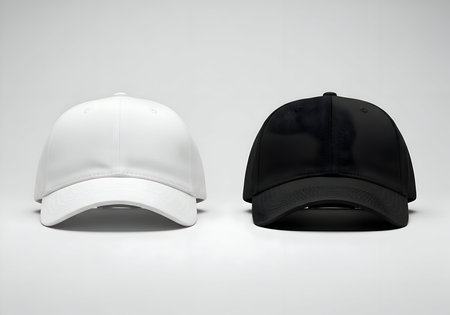 Two baseball caps a white and a black one are displayed on a light gray backgroundの素材