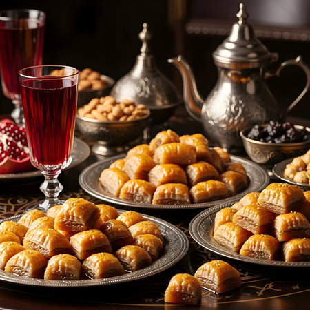 Traditional moroccan sweets and tea presented on ornate silver platters for a festive celebrationの素材