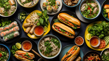A comprehensive spread of delicious vietnamese food including pho, banh mi, and spring rollsの素材