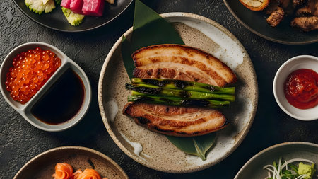 Overhead view of savory roasted pork belly with a side of salmon roe and various condimentsの素材