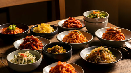 Noodles in white bowls on a wooden table. Japanese cuisine, Chinese food, Chinese cuisine background, Chinese vegetable background, Asian food background, Chinese restaurant themeの素材