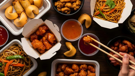 Delicious chinese takeout food on dark wooden tableの素材