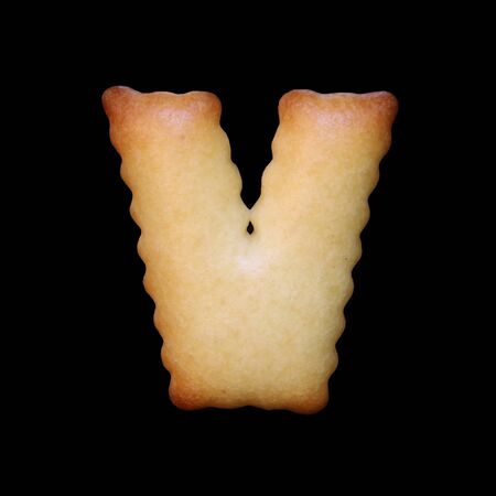Bread sample letter V on black background.の写真素材
