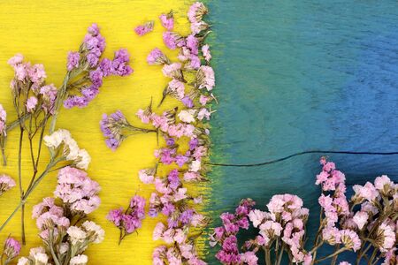 Beautiful flowers on the wooden floor, yellow and blue.の写真素材