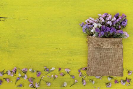 Beautiful flowers on yellow wood.の写真素材