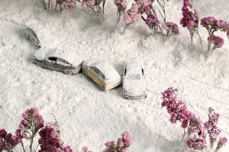 Car Crash reclaimed from the air with heavy snow.の写真素材