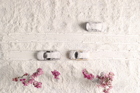 Car on the road with heavy snow.の写真素材